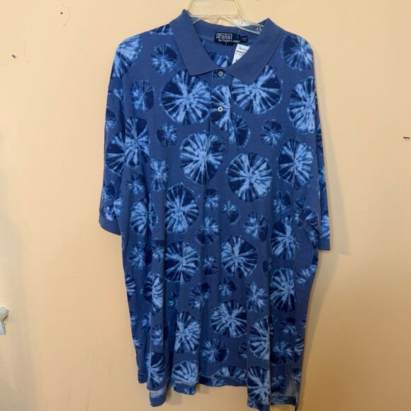 Vintage 1990s Polo Ralph Lauren Indigo Tie Dye Pattern Print Polo Shirt NWT 2XLT - Picture 2 of 4